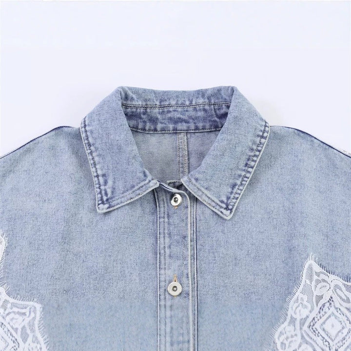 Women cropped denim jacket with lace trim and dropped shoulder