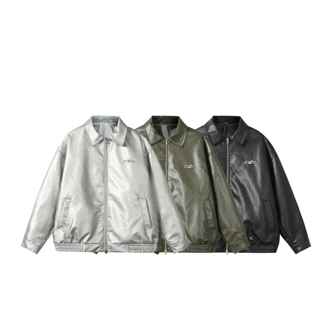 Ladies Oversize Smooth Leather Look Blouson Jacket with Elastic Hem and Metal Logo