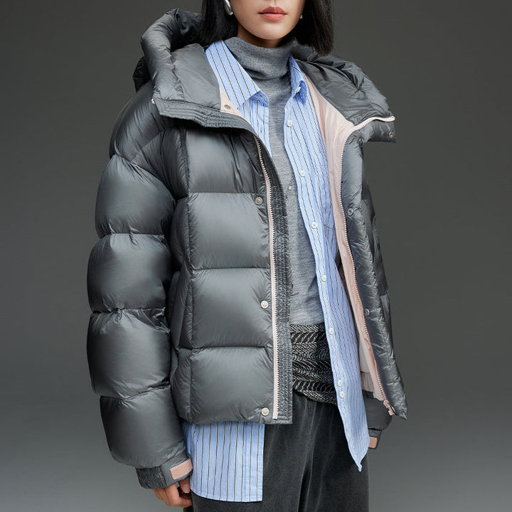 Ladies Short Boxy Quilted Jacket with Oversized Sleeves, High Thermal Collar and Hood