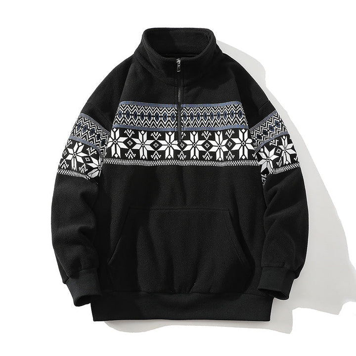 Unisex Norwegian pattern fleece jacket with stand-up collar, all-round zip and drawstring