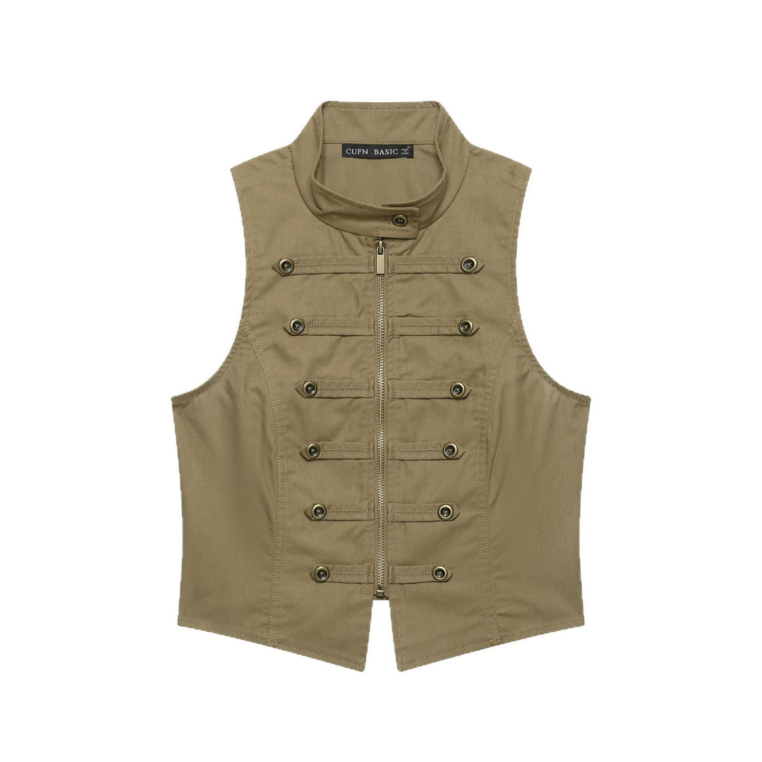 Ladies Tailored Canvas Vest with Front Zip and Decorative Button Ribbons