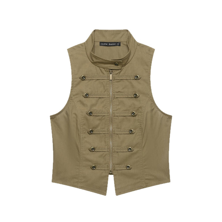 Ladies Tailored Canvas Vest with Front Zip and Decorative Button Ribbons