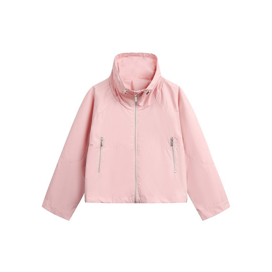 Women Lightweight Cropped Transition Jacket with High Stand Collar and Zip Pockets