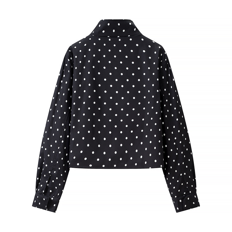 Women Polka Dot Short Jacket with Stand Collar and Concealed Snap Button Placket