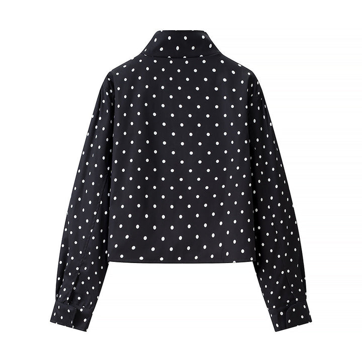 Women Polka Dot Short Jacket with Stand Collar and Concealed Snap Button Placket