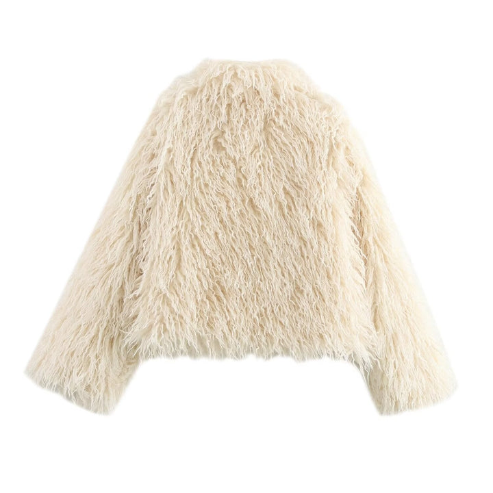 Women short cut shaggy faux fur jacket with voluminous shawl collar