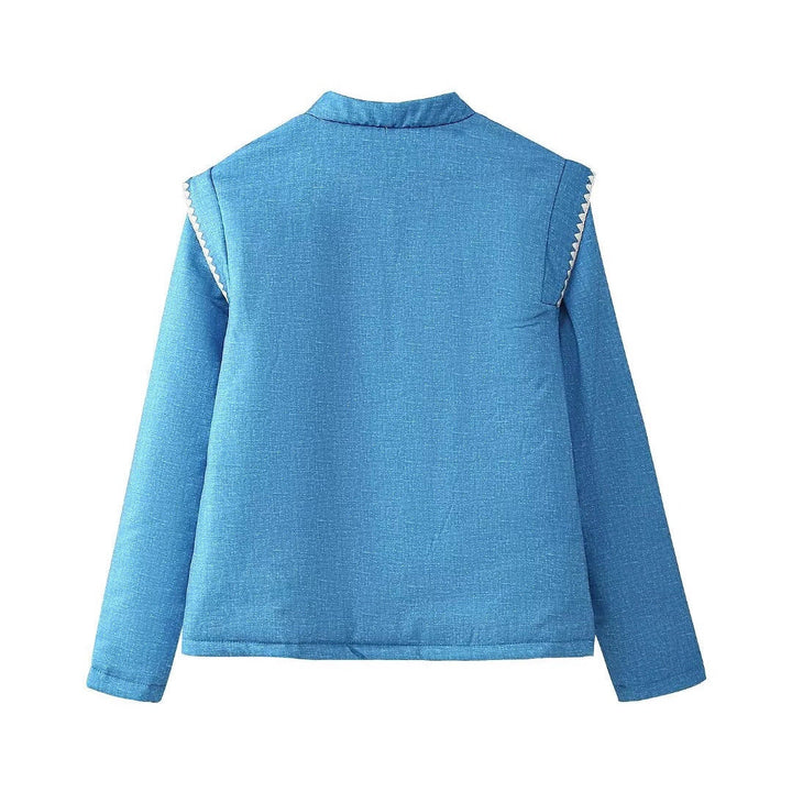 Women Quilted Linen Look Stand Collar Jacket with Folk Chest Embroidery &amp; Patch Pockets
