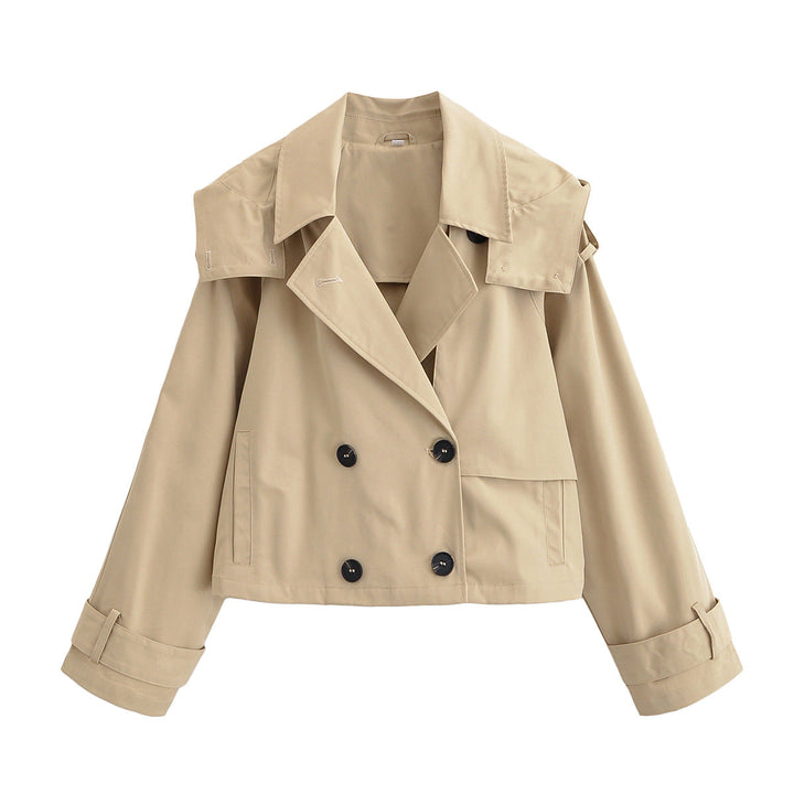 Women short jacket in trench coat style with double-breasted button placket and adjustable cuffs
