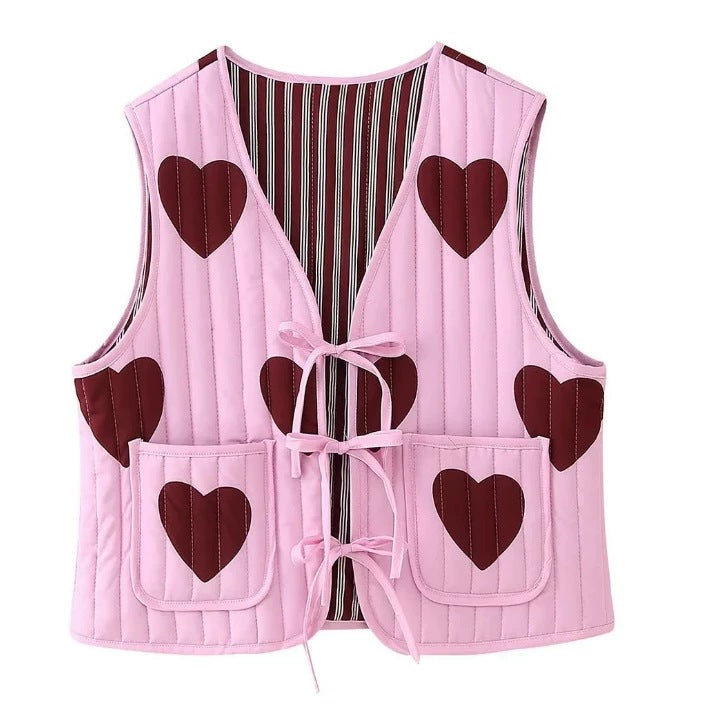 Women quilted vest with heart appliqués and ties