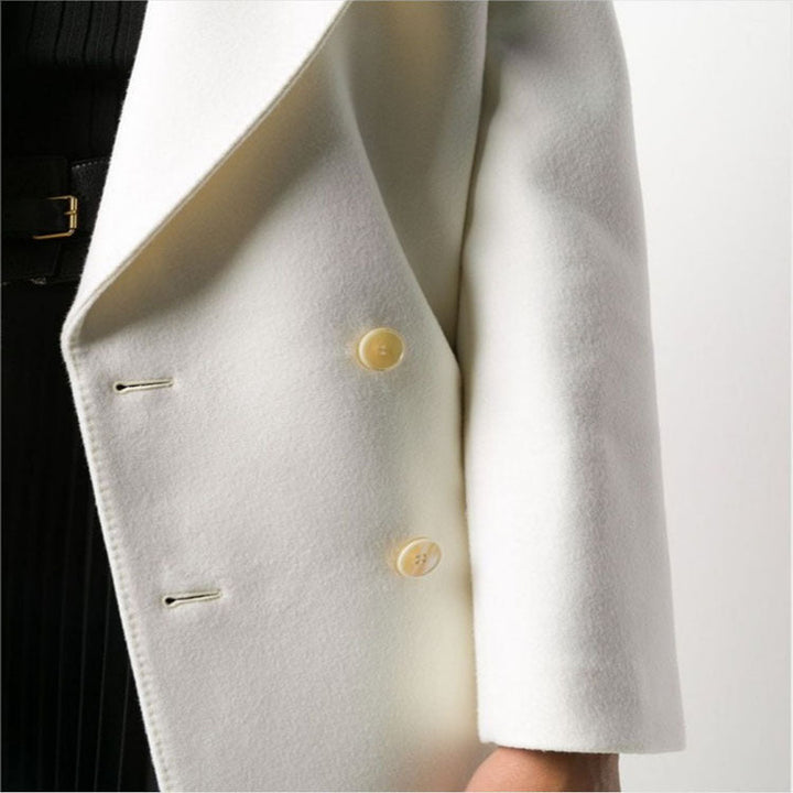Women Slim Double-Breasted Wool Blend Long Coat with Shawl Collar, Gold Button Detail and Flap Pockets