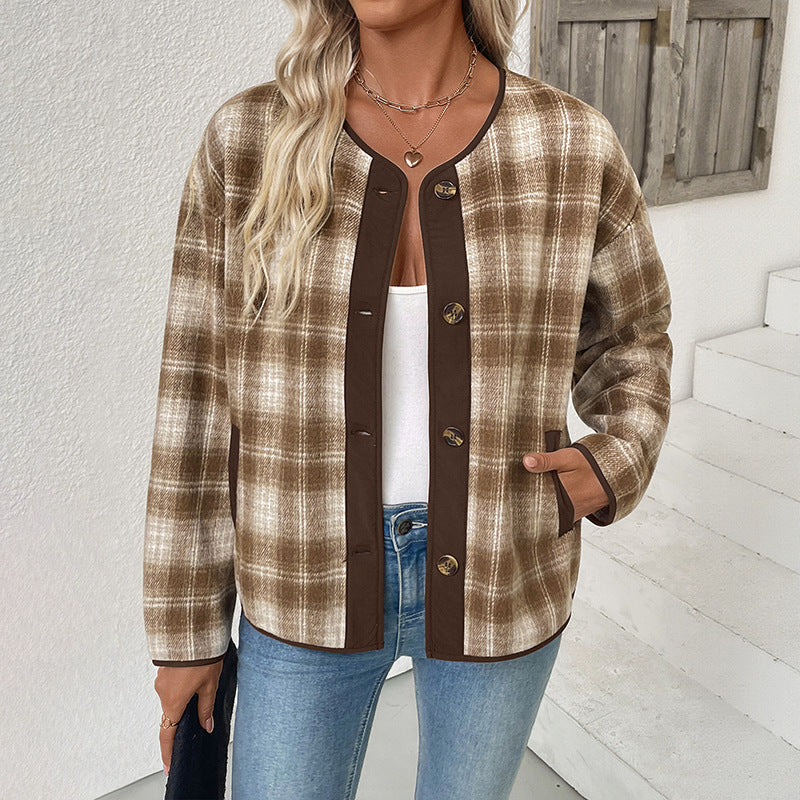 Ladies Checked Transitional Jacket with Round Neck, Contrast Trim and Button Placket
