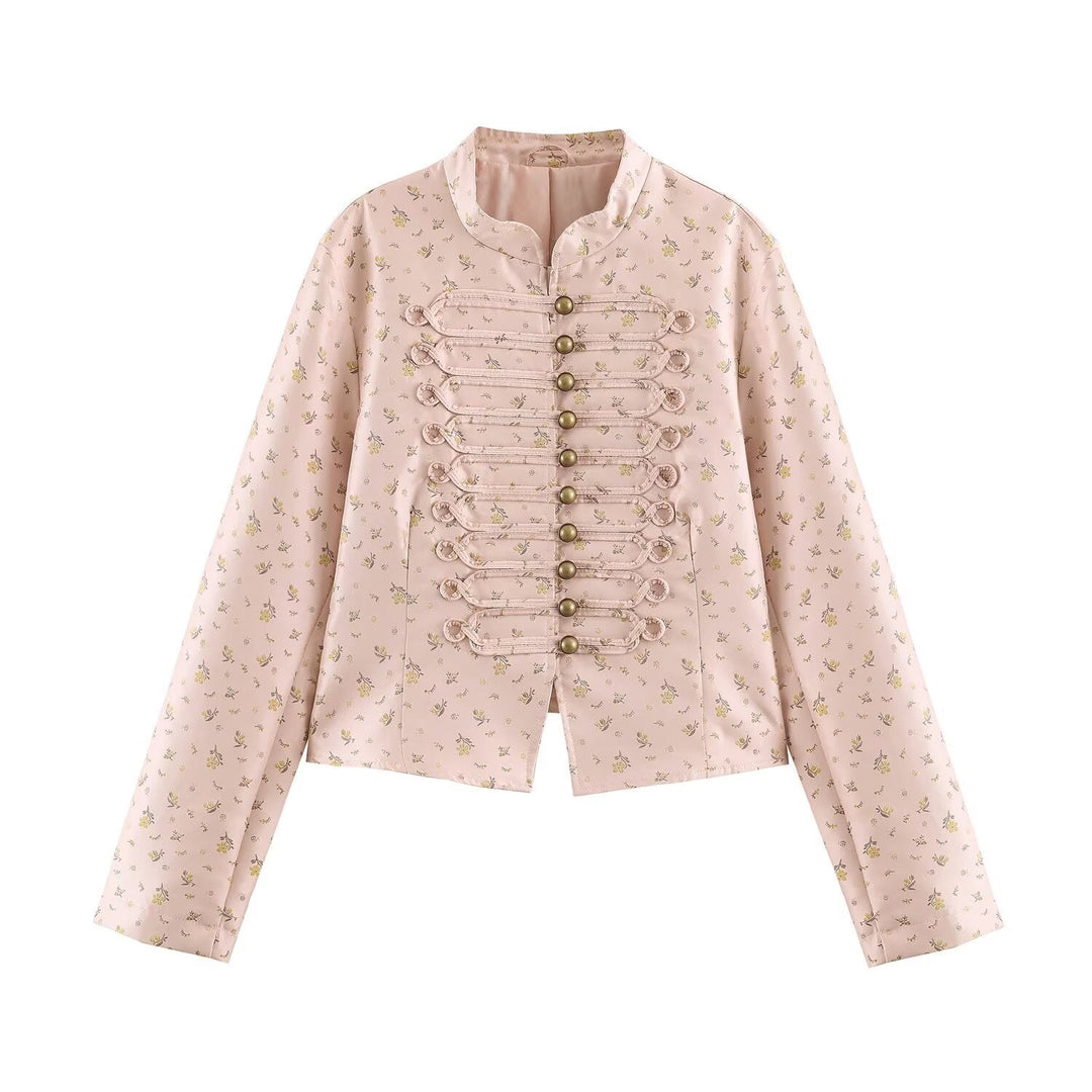 Women Cropped Satin Jacket in Military Style with Decorative Frog Trim