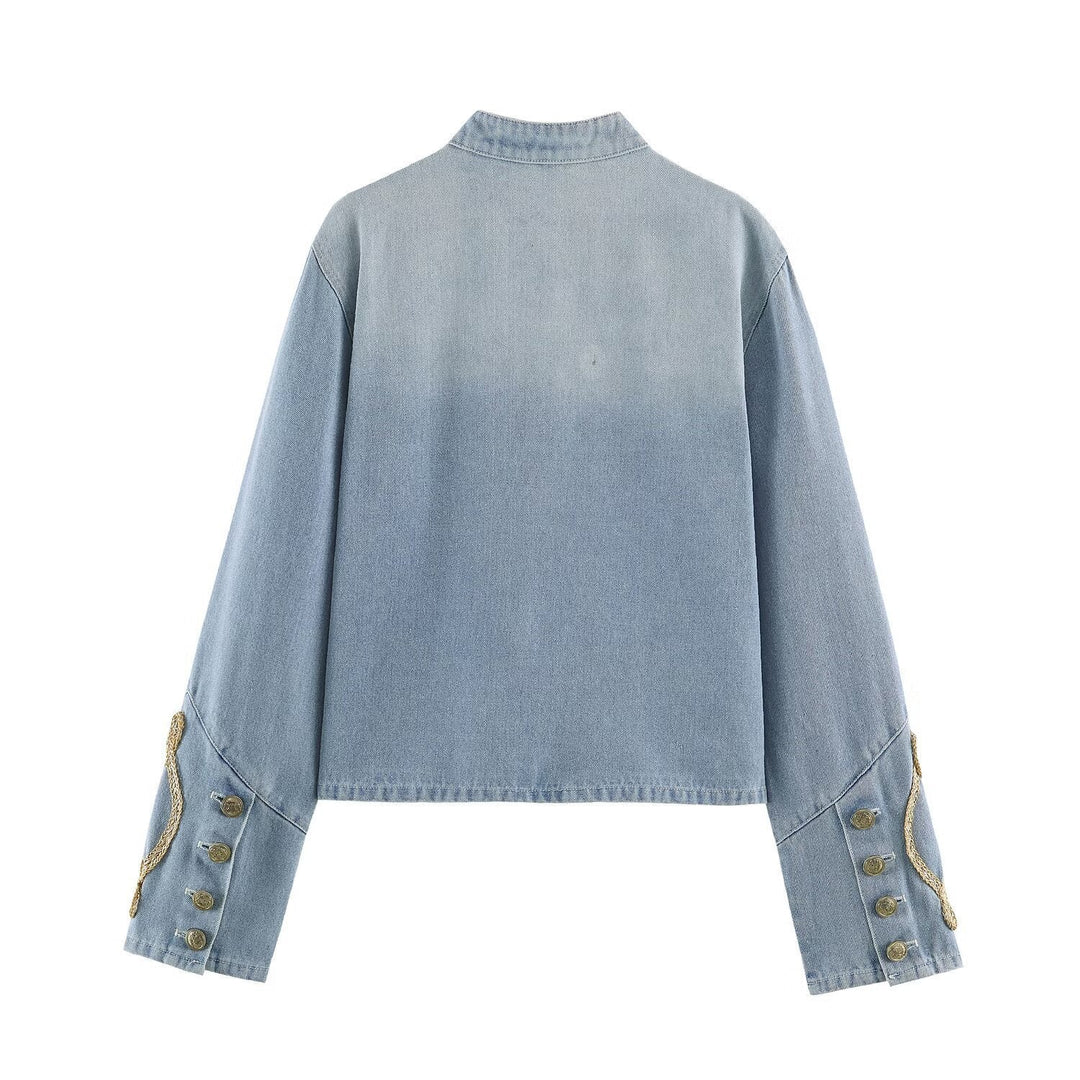 Ladies short-cut denim jacket in military style with decorative cord appliqués