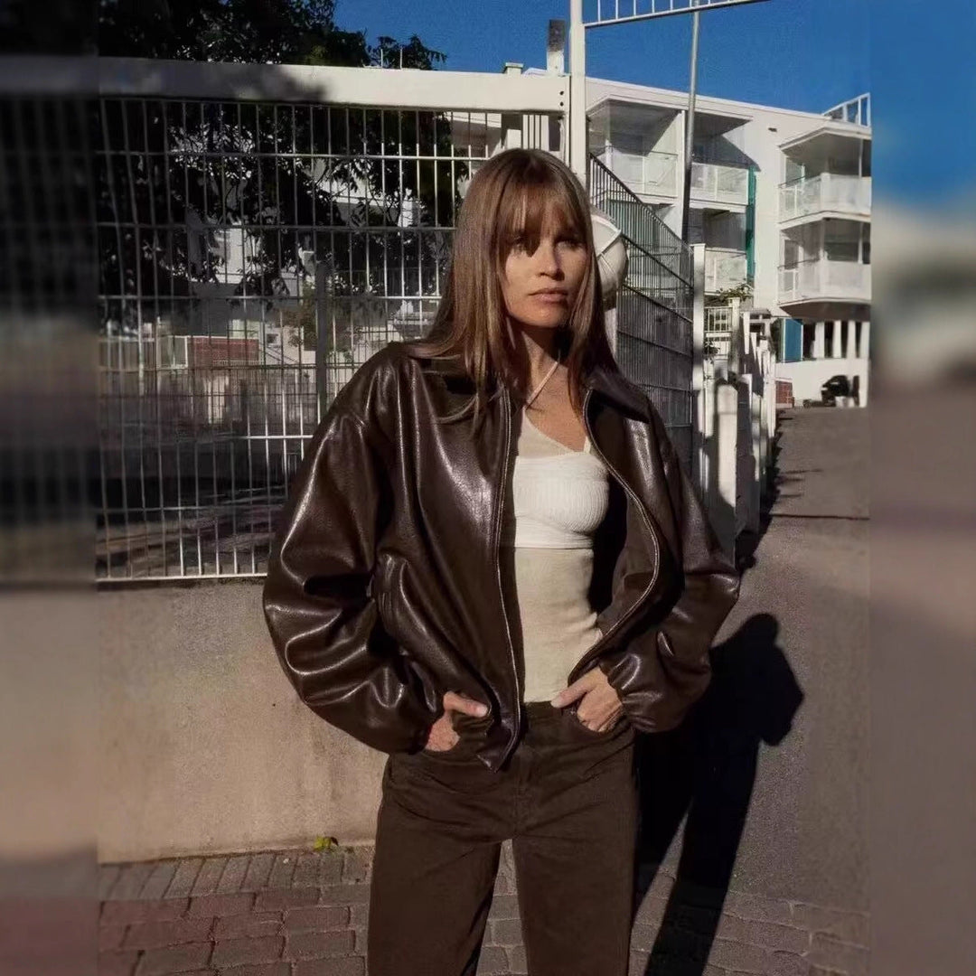 Women Oversize Faux Leather Blouson with Zip and Elastic Hem