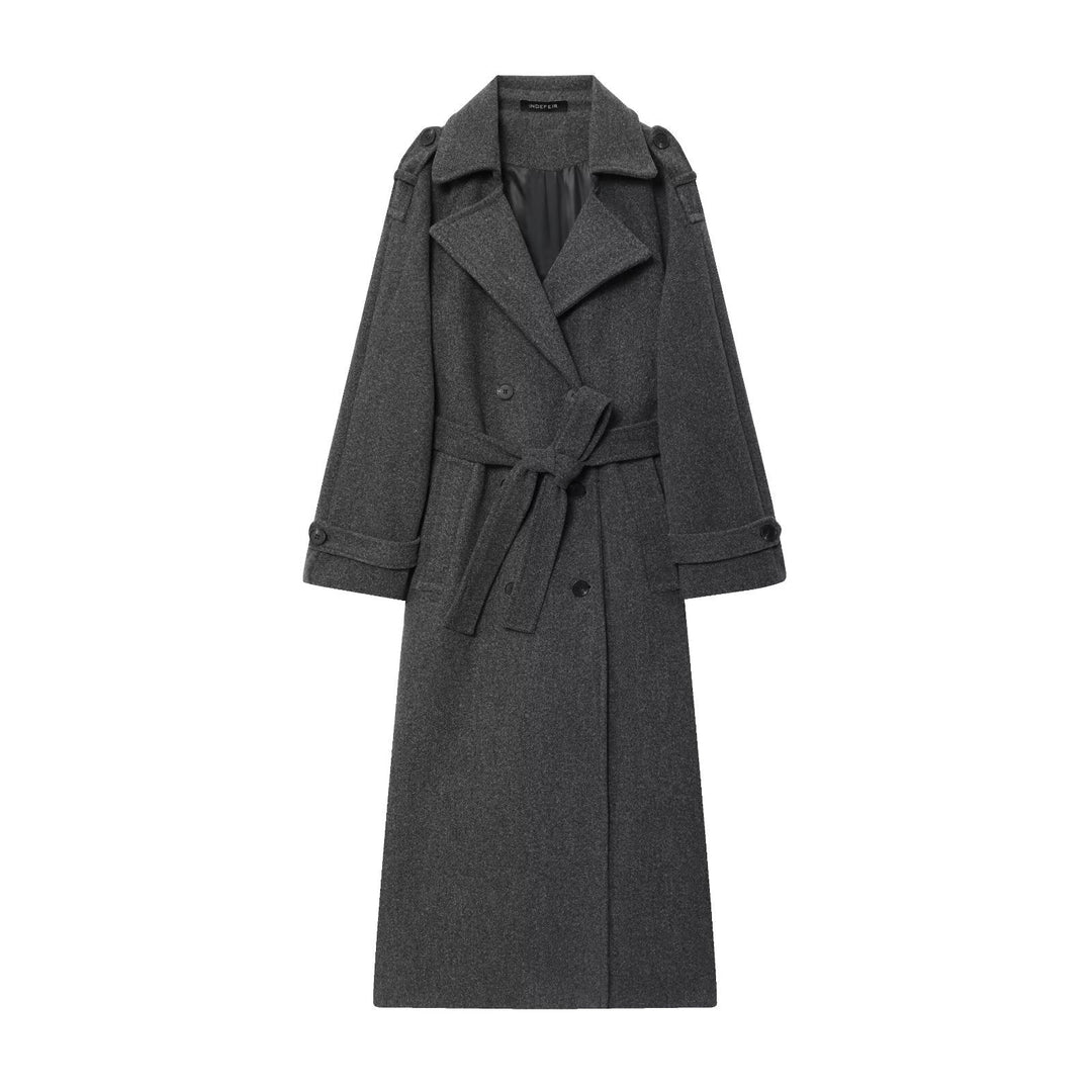 Women Long Double-breasted Trench Coat with Belt and Shoulder Straps