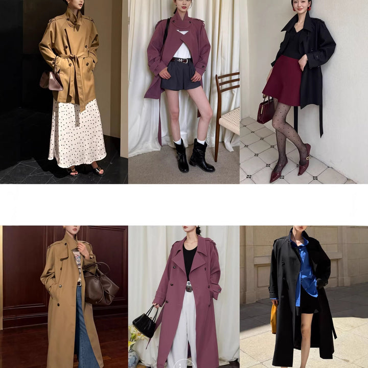 Women Elegant Trench Coat with Waist Belt
