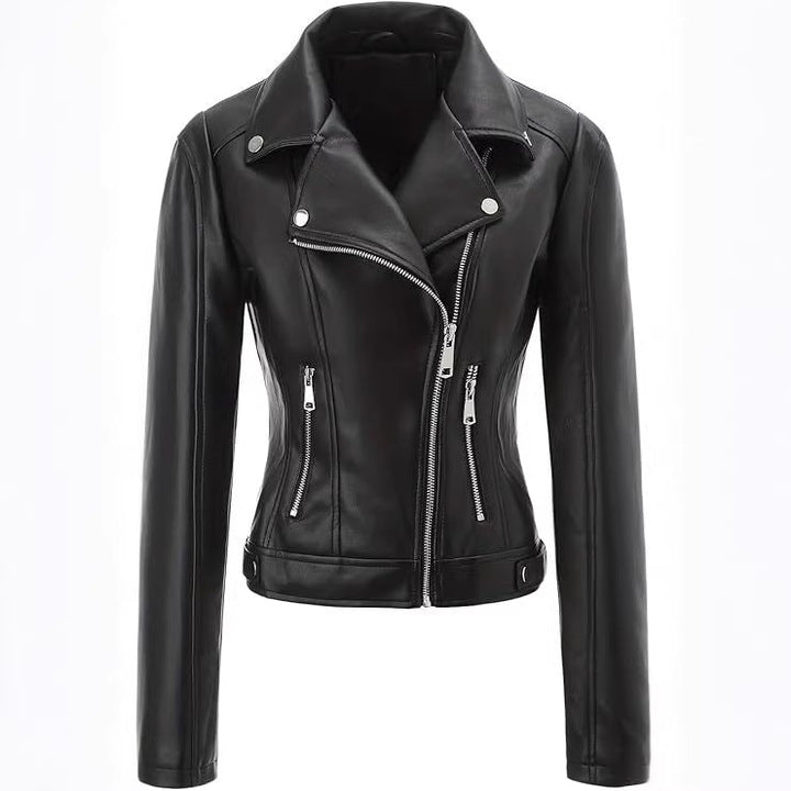 Women Tailored Biker Jacket in Leather Look with Asymmetrical Zip and Decorative Seams