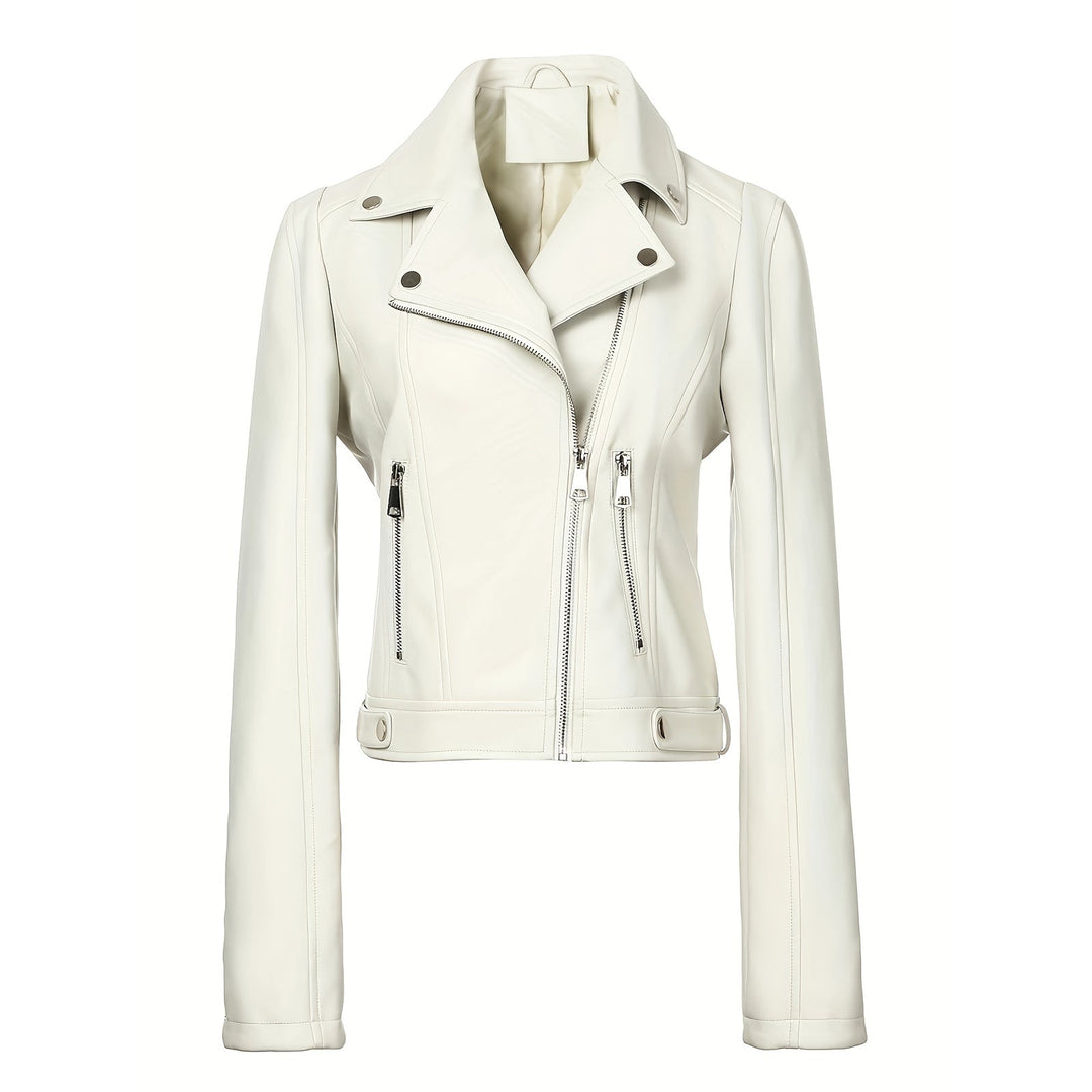Women Tailored Biker Jacket in Leather Look with Asymmetrical Zip and Decorative Seams