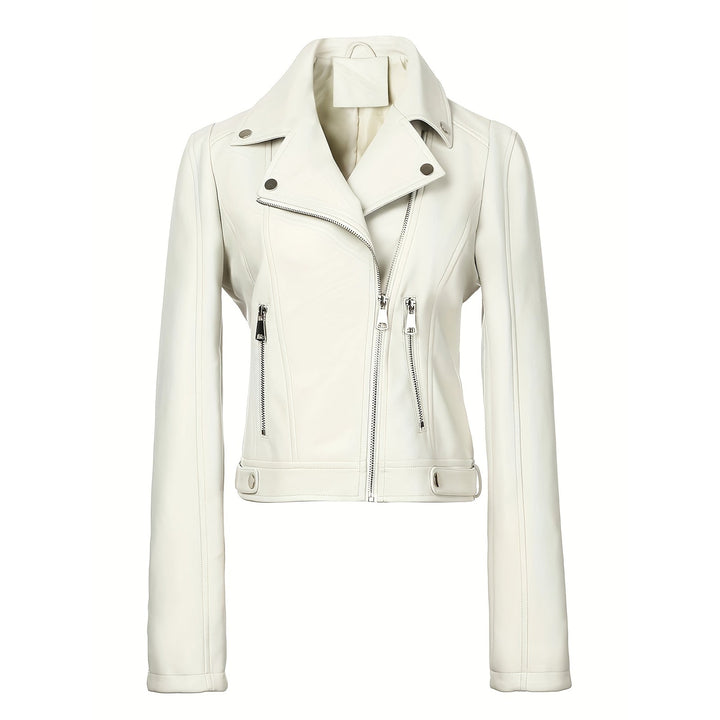 Women Tailored Biker Jacket in Leather Look with Asymmetrical Zip and Decorative Seams