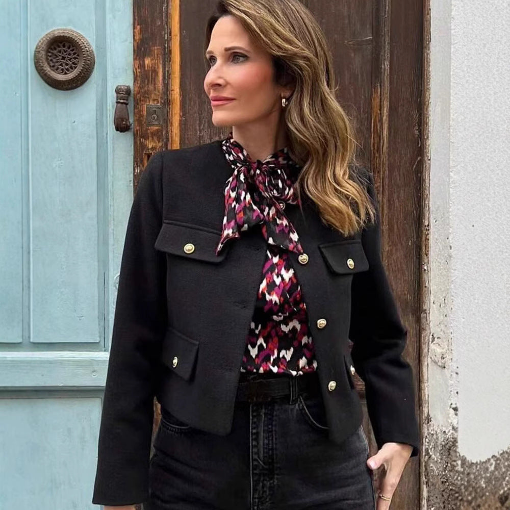 Women Short Boucle Blazer Jacket with Round Neck, Decorative Pocket Flaps, and Gold-colored Buttons
