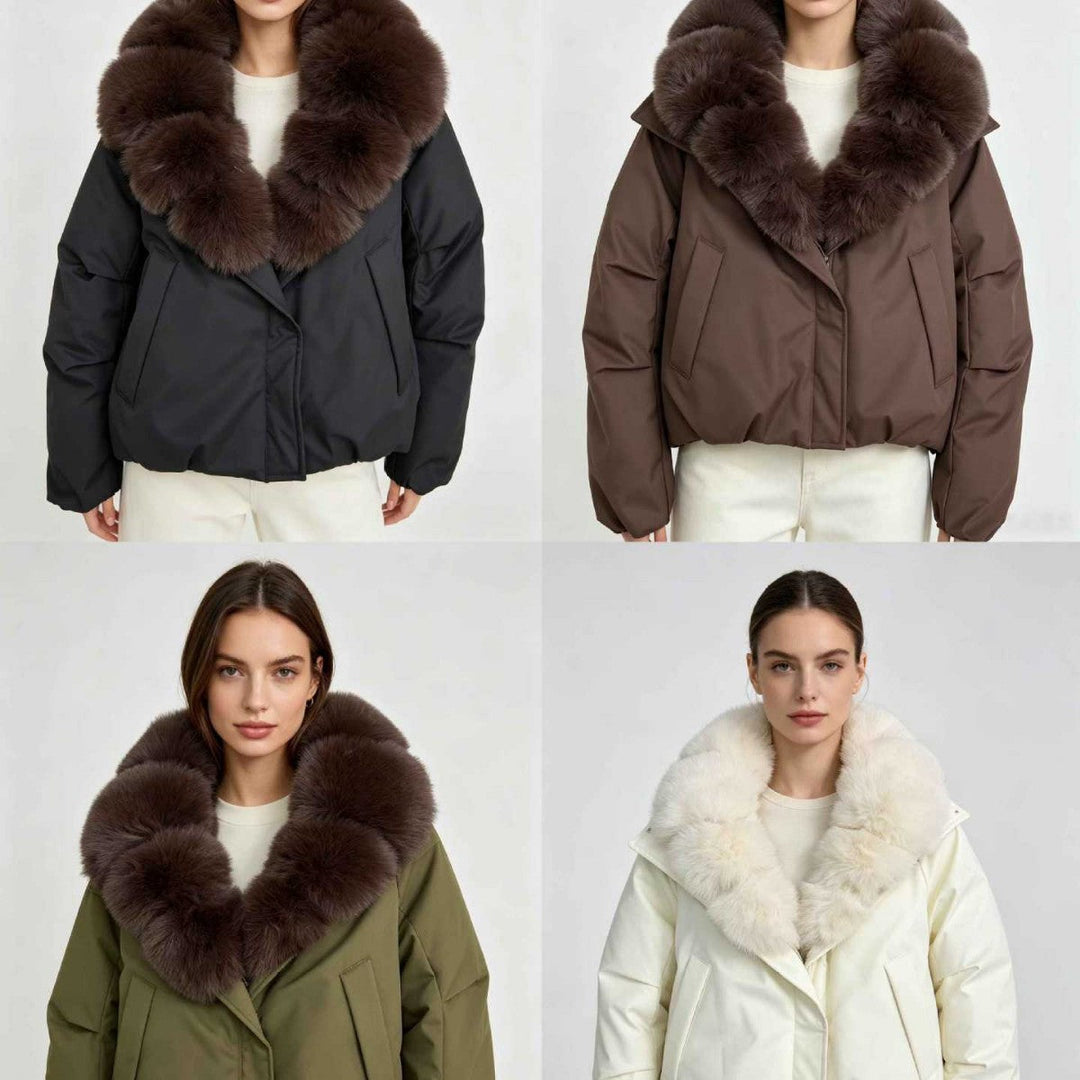 Ladies nan short thermal quilted jacket with voluminous removable faux fur collar and tailored hem