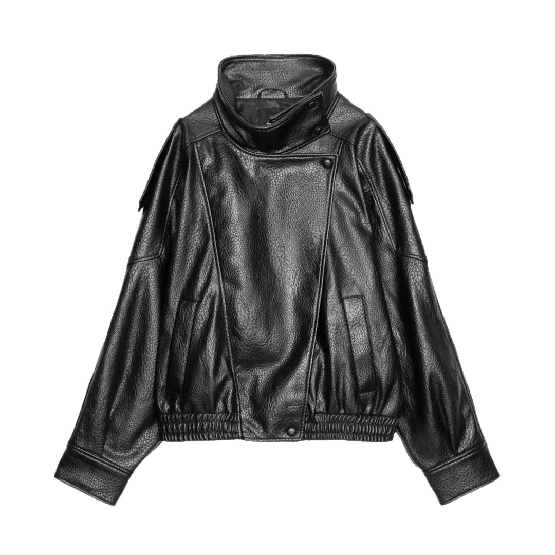 Ladies leather jacket with high stand-up collar and asymmetrical snap button placket