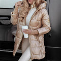 Women's Long Cut Padded Coat with Hood and Side Zips