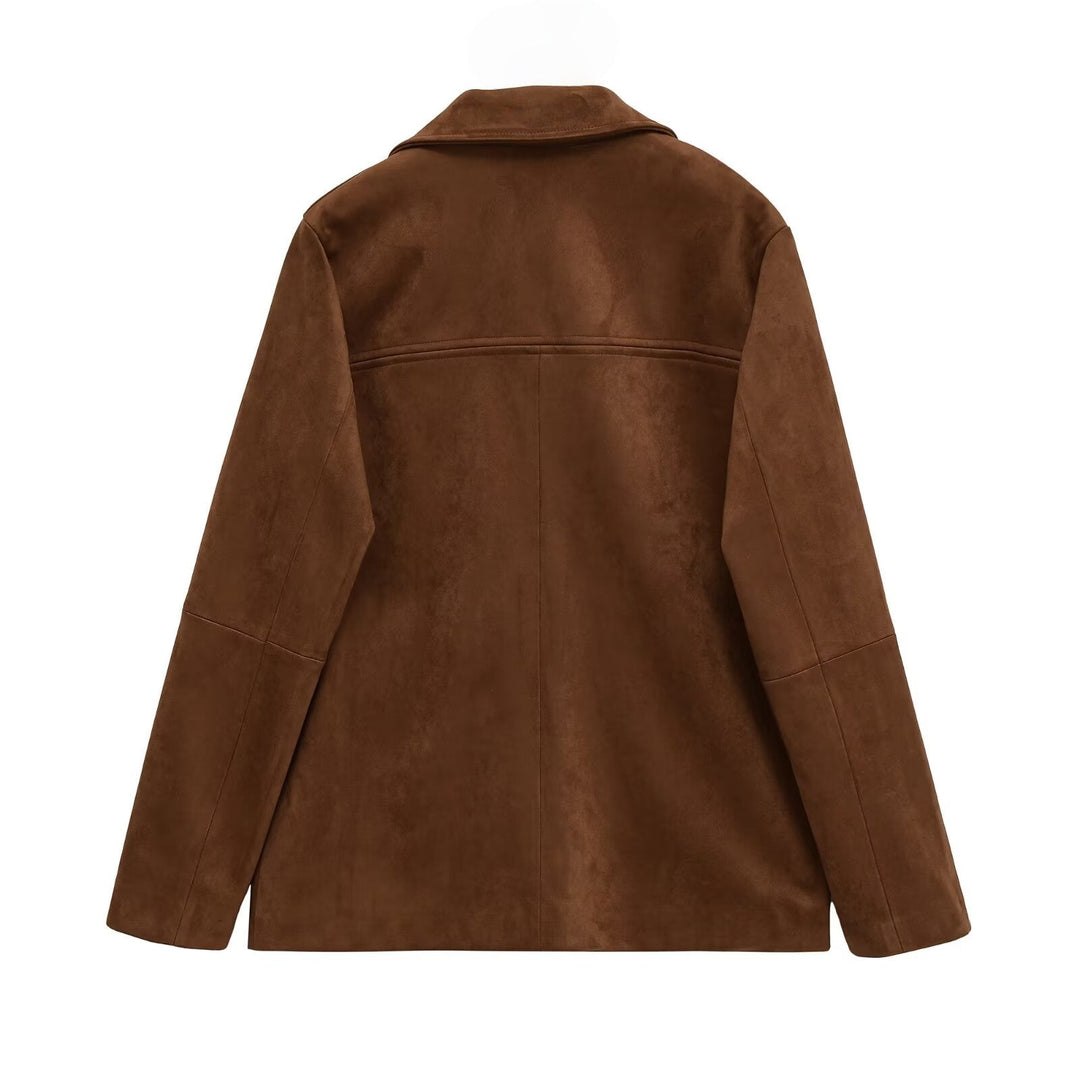 Women Short Suede-Look Coat with Notched Collar and Applied Pockets