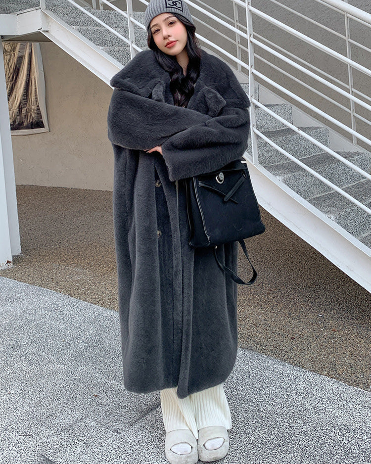 collars Double Breasted faux mink Fur long coat