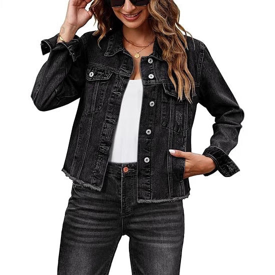 Women Short Cut Denim Jacket with Frayed Hem and Chest Pockets