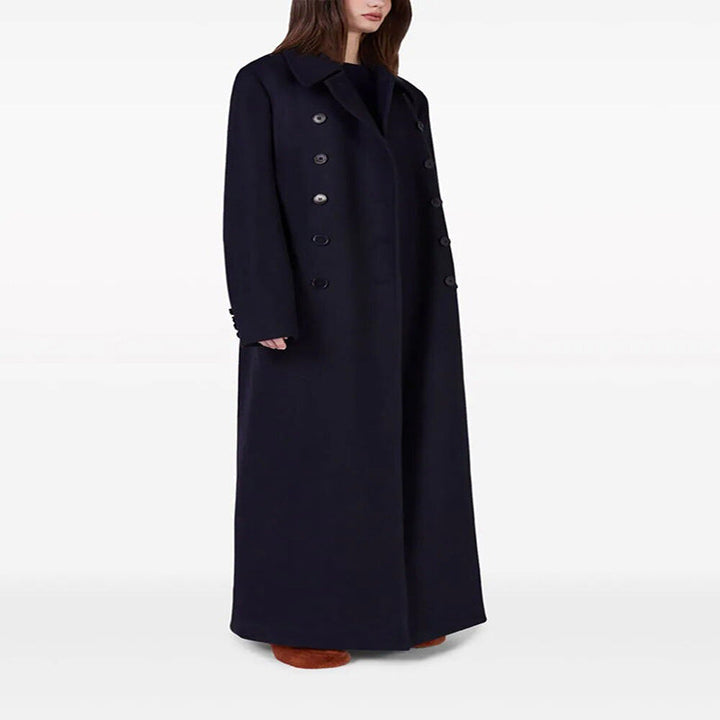 Women’s maximal long double-breasted wool coat with loose oversized fit