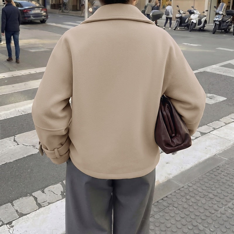 Women Short Cut Wool Blend Boxy Coat with Shirt Collar and Adjustable Cuffs