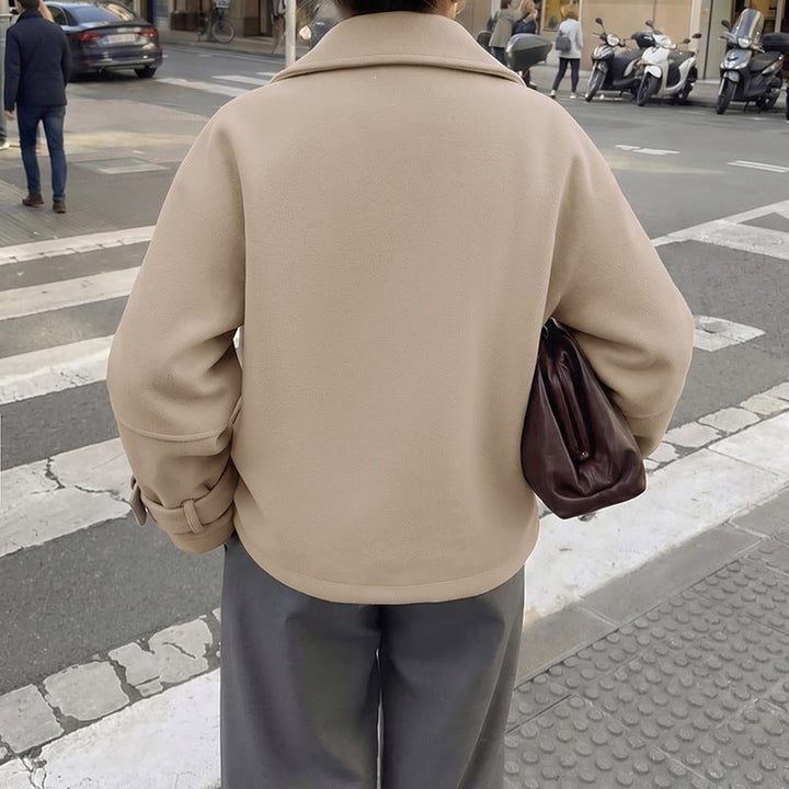 Women Short Cut Wool Blend Boxy Coat with Shirt Collar and Adjustable Cuffs