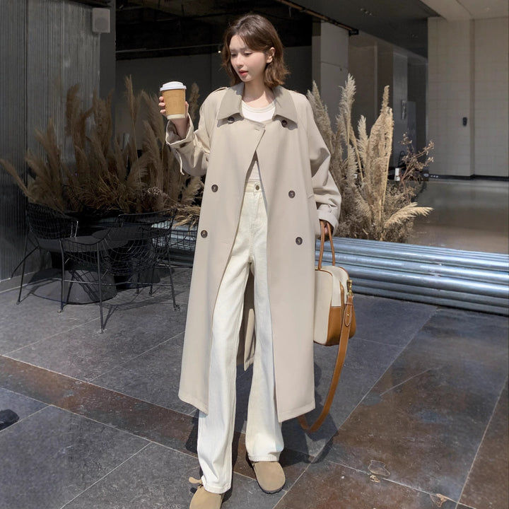 Women Long Cut Minimalist Trench Coat with Soft Autumn, Dropped Shoulders and Adjustable Sleeve Straps