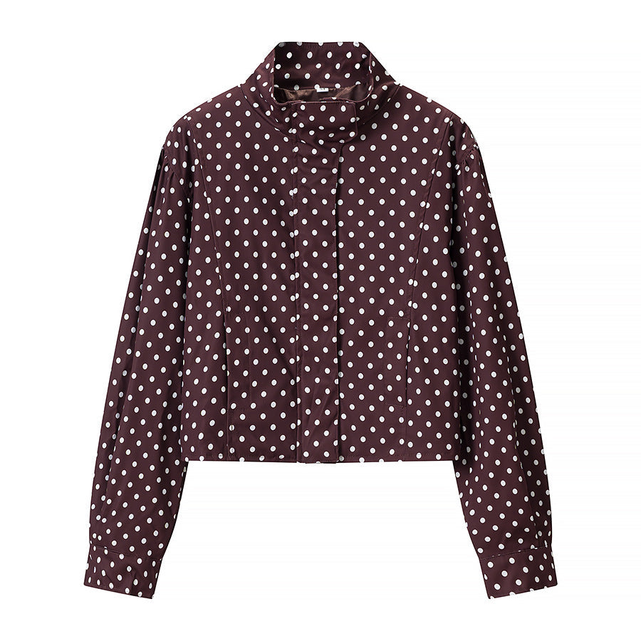 Women Polka Dot Short Jacket with Stand Collar and Concealed Snap Button Placket