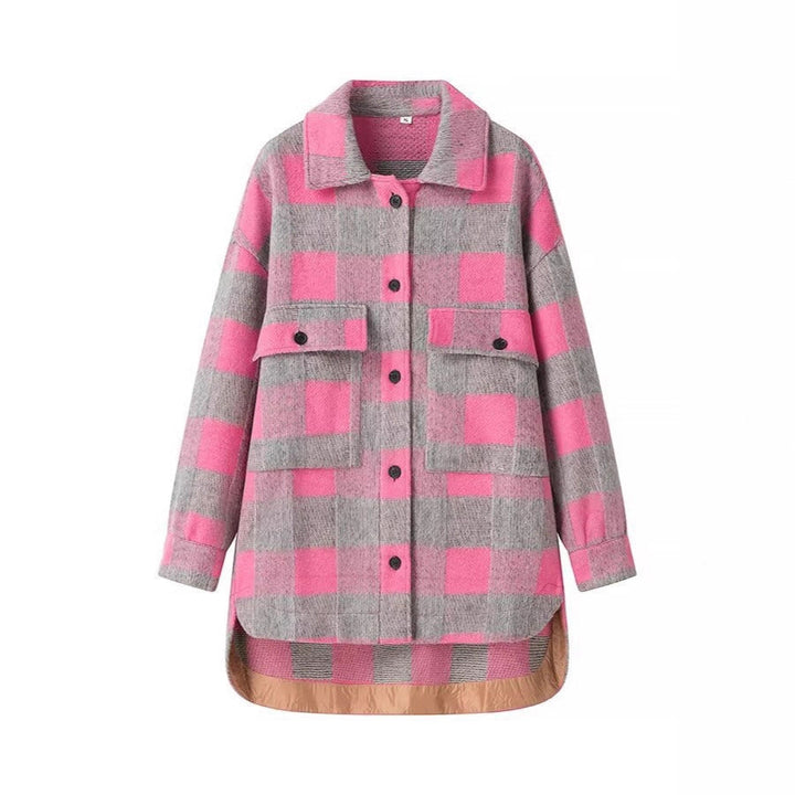 Women Oversize Checked Shirt Jacket with Applied Flap Pockets and Extended Hem