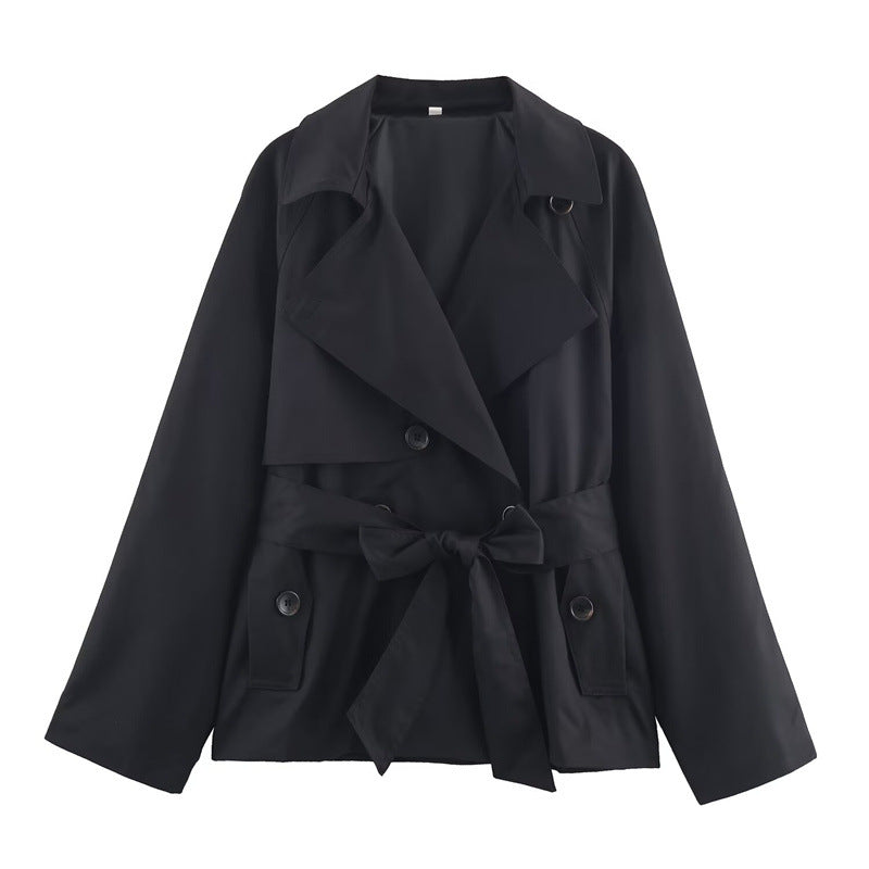 Ladies Cropped Trench Coat with Shawl Collar, Tie Belt and Flap Pockets