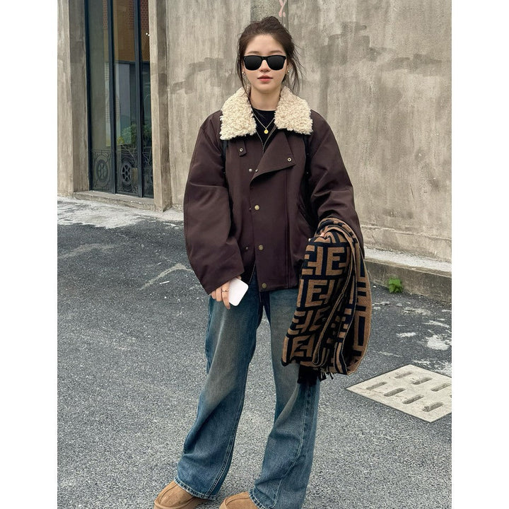 Ladies Short Oversize Boxy Jacket with Teddy Collar and Snap Button Closure