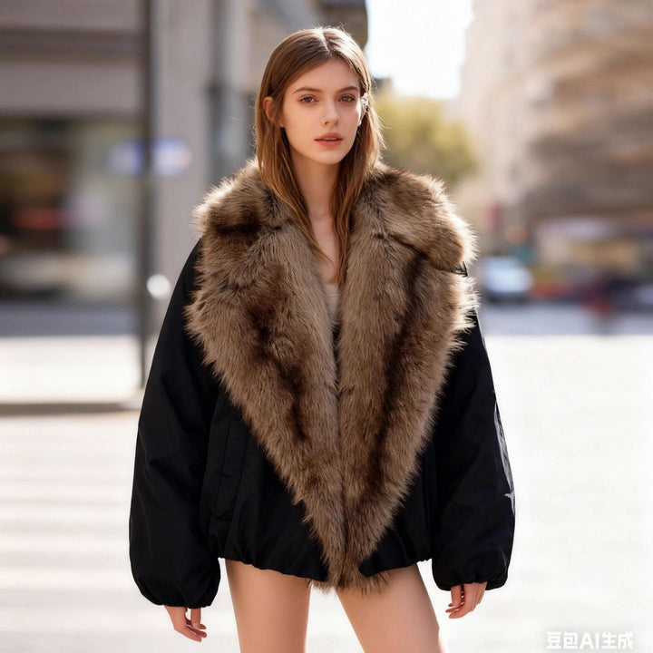 Ladies Short Quilted Bomber Jacket with Voluminous Faux Fur Shawl Collar