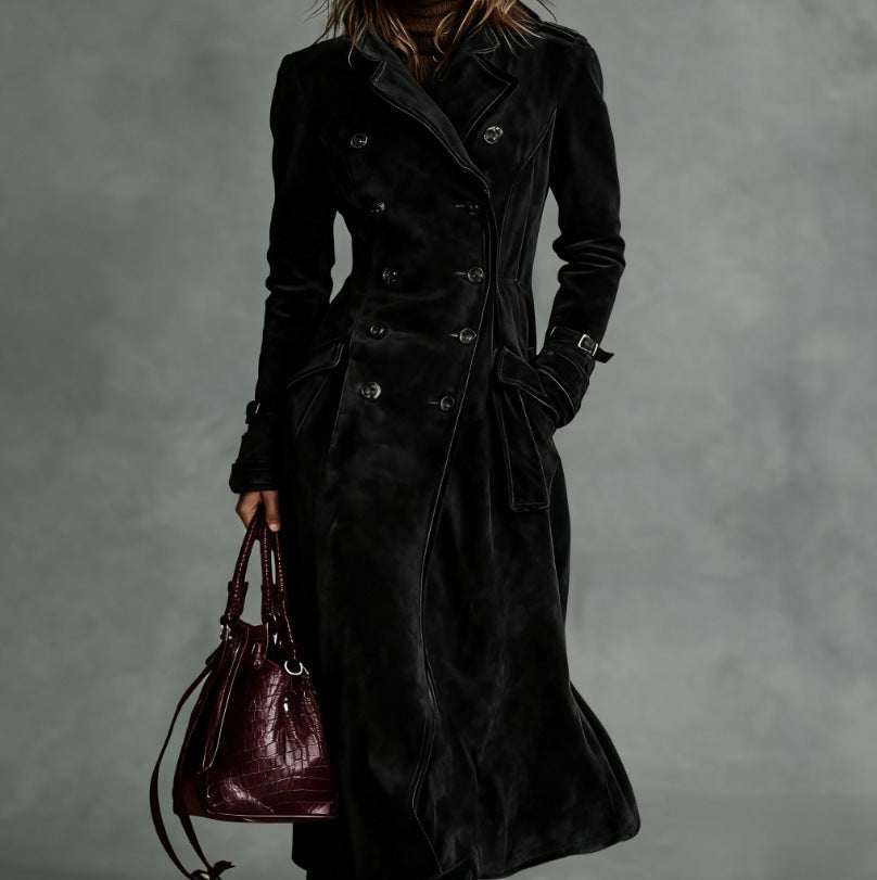 Women Longer Tailored Trench Coat in Suede Look with Double-Breasted Button Placket and Buckle Cuffs