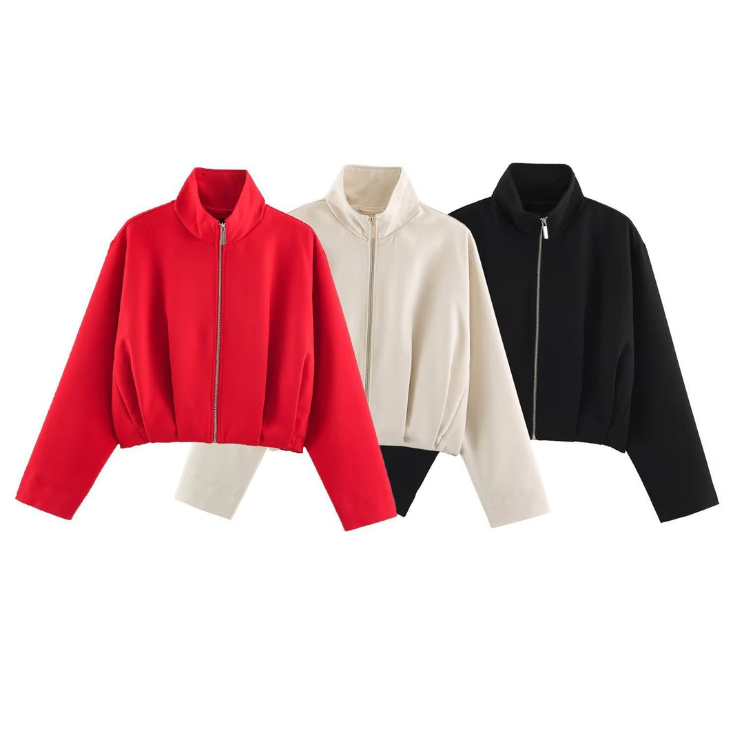 Women Short Boxy Jacket with Stand-up Collar and Visible Metal Zip