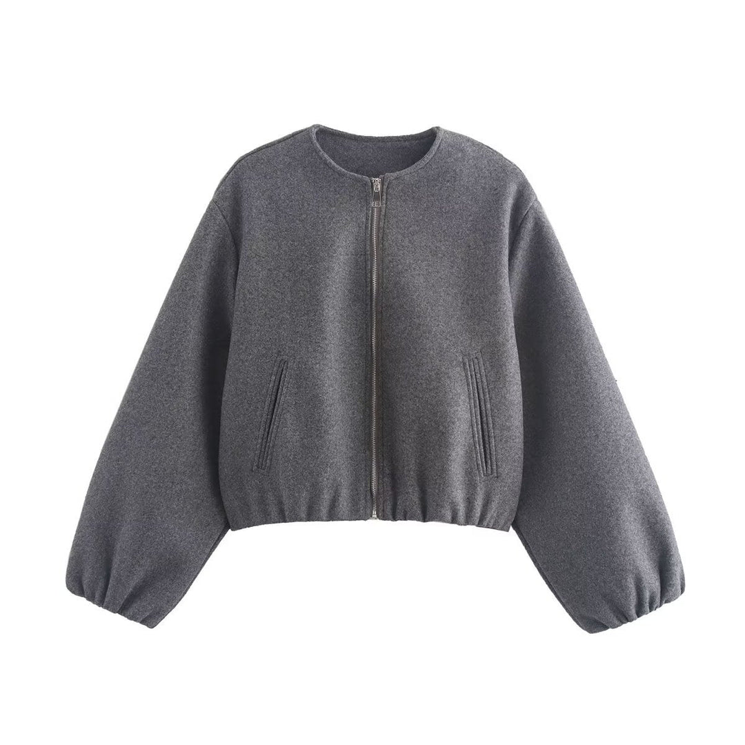 Women Short Wool Look Cropped Jacket with Zip, Round Neck and Balloon Sleeves