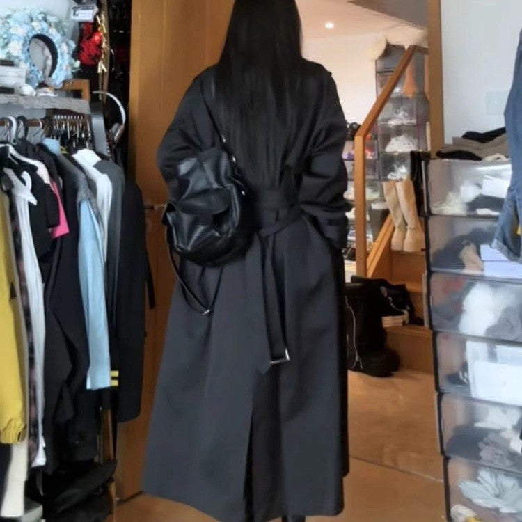 Women Long Double-Breasted Trench Coat with Shawl Collar, Oversized Cut and Concealed Waistband