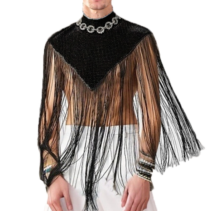 Ladies long fringed cape with turtleneck and V-shaped insert