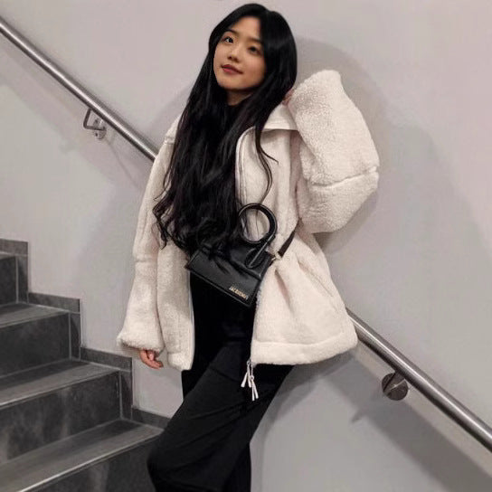 Women Wide Cut Teddy Fleece Jacket with High Standing Collar