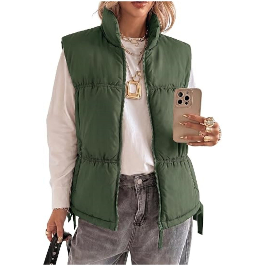 Women’s Padded Sleeveless Vest with Stand-Up Collar and Drawstring
