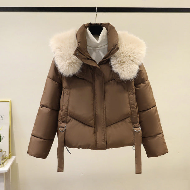 Ladies nano short thermo puffer jacket with detachable faux fur collar, high closing stand-up collar, and drawstring hem