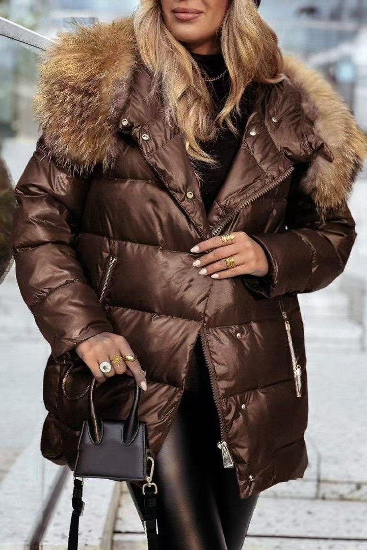 Women’s Winter Down Jacket with Removable Hood and Luxurious Fur Collar