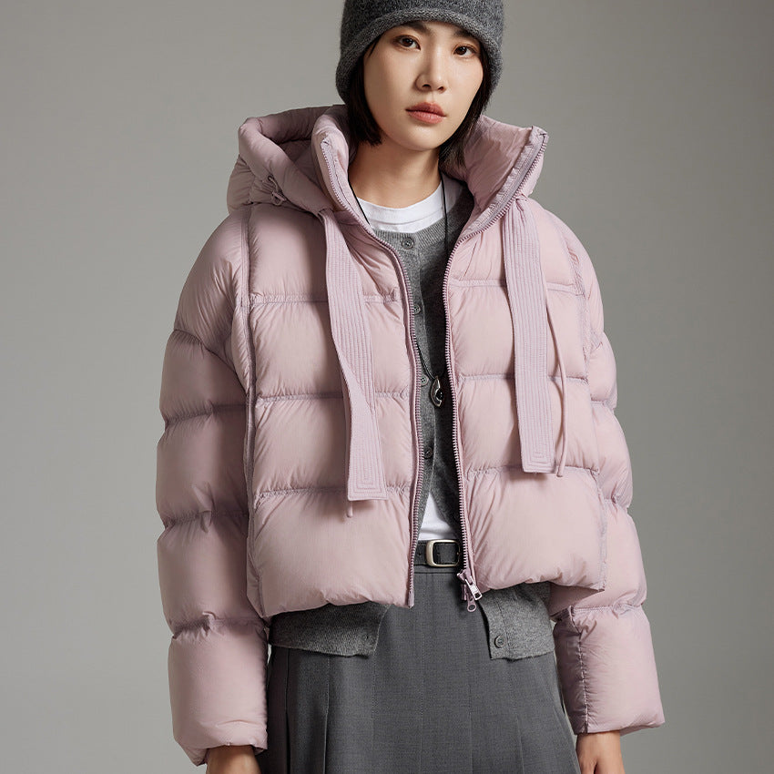 Women Short Cut Boxy Quilted Jacket with Voluminous Hood and Drawstring