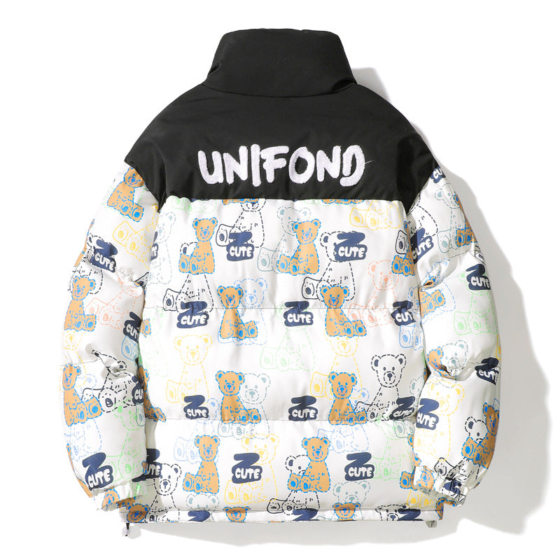 Unisex Quilted Teddy-Print Puffer Jacket with High Collar